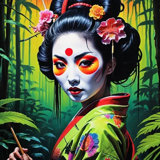 Prompt:  Psychedelic badass Geisha , jungle, melting, concert poster, trick of the eye painting, 