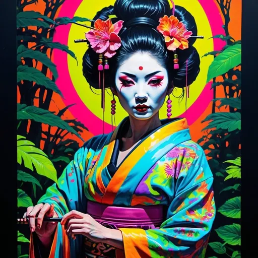 Prompt:  Psychedelic badass Geisha , full length ,jungle, melting, concert poster, trick of the eye painting, neon bright colors 