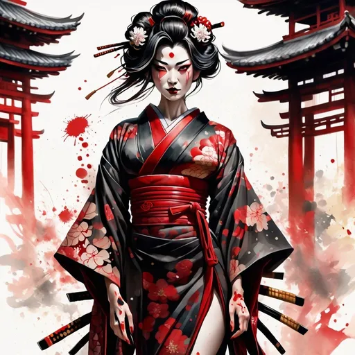 Prompt: digital watercolor painting, a badass looking geisha with attitude wearing an intricate kimono, full body , Asian architecture paint splatter, black and red, bold brush strokes, art nouveau