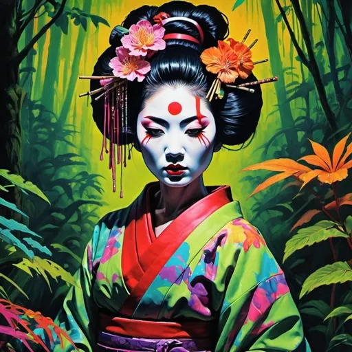 Prompt:  Psychedelic badass Geisha , jungle, melting, concert poster, trick of the eye painting