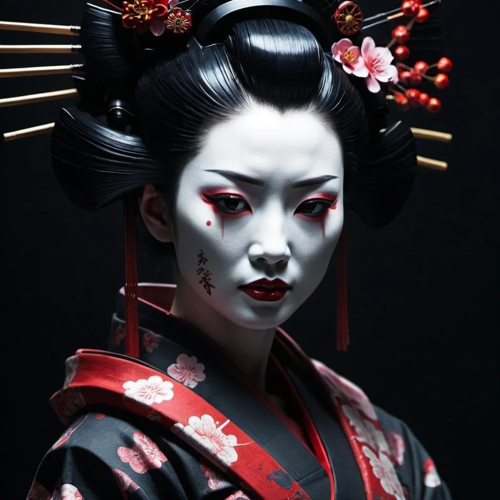 Prompt: Geisha android , dark , futuristic, menacing but beautiful 