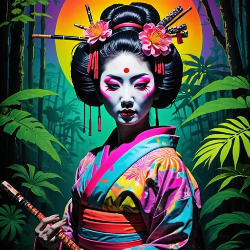 Prompt:  Psychedelic badass Geisha , full length ,jungle, melting, concert poster, trick of the eye painting, neon bright co