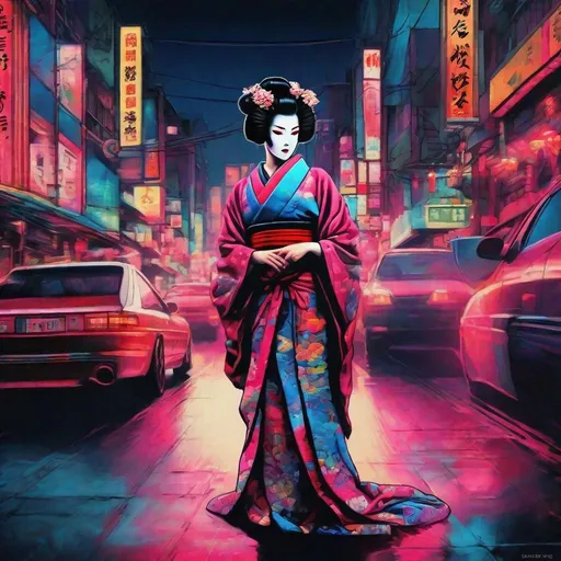 Prompt: retro 80s art, badass geisha standing in city street, night, vivid color on geisha , highly detailed