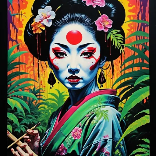 Prompt:  Psychedelic badass Geisha , jungle, melting, concert poster, trick of the eye painting, 