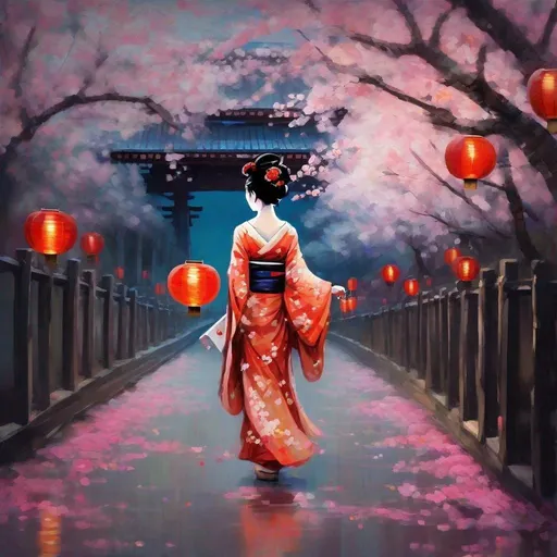 Prompt: Stylized rough beautiful geisha walking through a grove of cherry blossoms by night impressionistic painting with large palette-knife Chinese lanterns and Kyoto bridge 