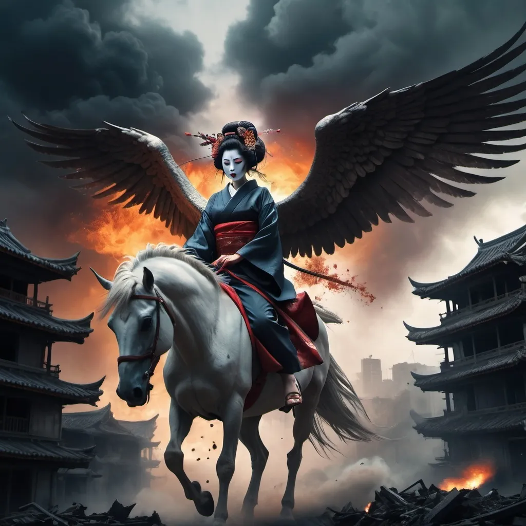 Prompt: (Beautiful but scary geisha sitting on the back of a terrifying pegasus), (the Angel of death chasing through the air), (bombed-out buildings below), (misc-dystopian style), dark color scheme, dramatic shadows, ethereal glowing highlights, tense atmosphere, apocalyptic background, chaotic sky streaked with fiery clouds, ominous ambiance, cinematically high contrast, ultra-detailed, 4K, HD, visually striking composition, hauntingly beautiful, intense motion and energy, concept art masterpiece.