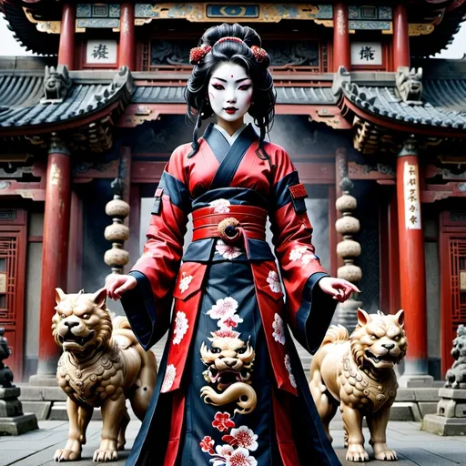 Prompt: Dystopian Tall Geisha with foo dogs on either side of her .  They are her companions and protectors . Background is classical Asian architecture …except dark wet and futuristic .  