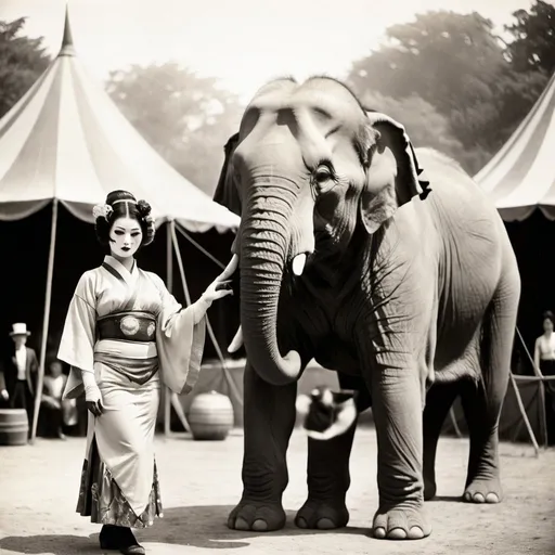 Prompt: black and white depression era circus, Circus tent in background, geisha in the background in front of the tent almost hidden, Circus Elephant and Circus tiger, circus animal trainer dressed in creepy 1930 circus garb.