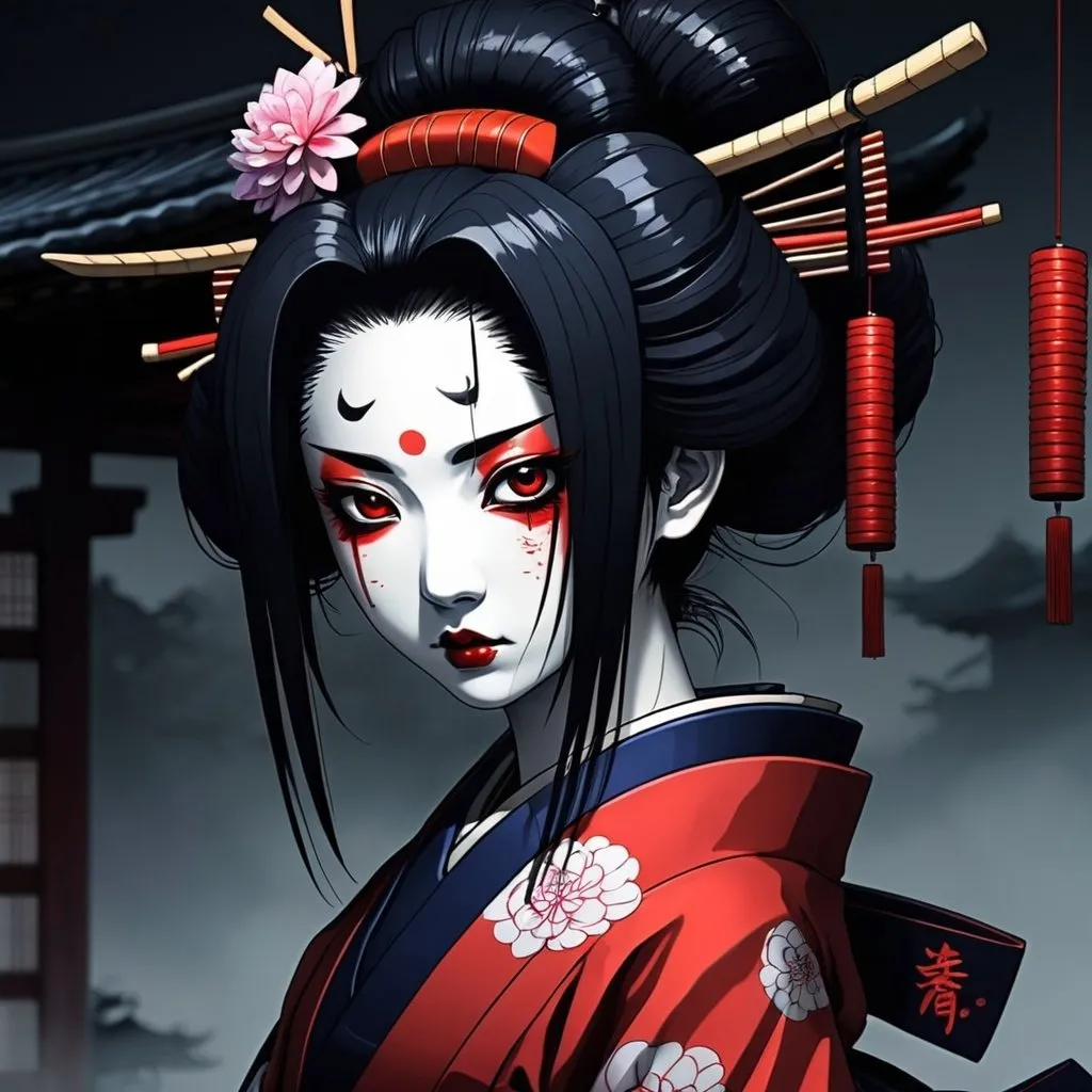 Prompt: 2d dark j horror anime style, geisha, beautiful, scary, anime scene