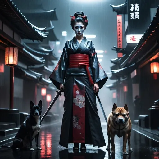 Prompt: Badass geisha with an equally badass dog standing in a dark , wet, futuristic city . Geisha has a huge sword in a pack behind her .  She is beautiful and scary at the same time 