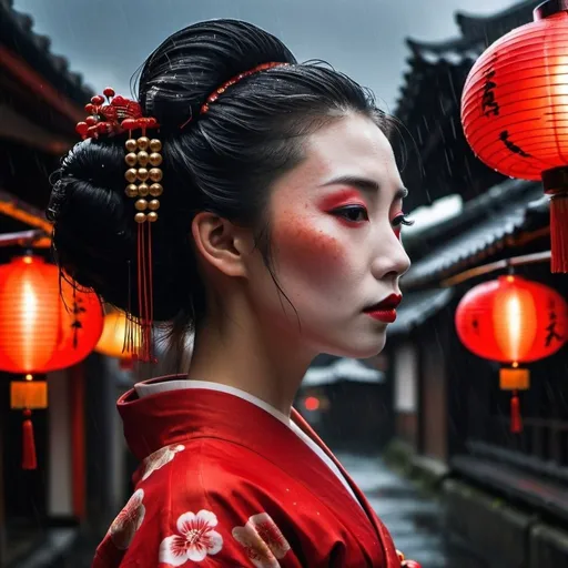 Prompt: Geisha in profile , she is part human, part machine .  Her face is stunning, gorgeous, red freckles .. She is beautiful but scary .. she is wearing a traditional Geisha dress .  The background is dark, rain, wet streets.  Asian roofs and red lanterns . A tornado is coming in the background 