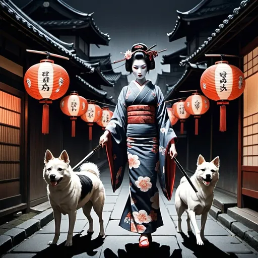 Prompt: Ukiyo-e japanese art of geisha on a dark street .. Japanese lanterns .. Geisha is beautiful and scary at the same time .  She has a samurai sword .  Dogs protecting her on either side 