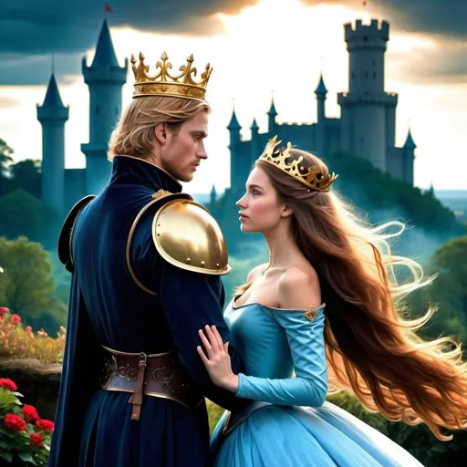 Prompt: Create a book cover for a fantasy novel. The cover for this fantasy novel depicts a majestic scene blending elements of two rival kingdoms. In the foreground, a princess and a prince stand together, their profiles facing each other against the backdrop of a sprawling castle with towering spires and lush gardens. The princess, with flowing golden hair and wearing a regal gown adorned with her kingdom's emblem, gazes towards the distant horizon with determination. Beside her, the prince is clad in armor marked with his kingdom's crest, exuding strength and resolve as he looks protectively towards the princess. Above them, a golden crown hovers, partially obscured by wisps of mist, symbolizing the secrecy of their relationship and the weight of their responsibilities. The title, "Whispers of the Crown," should be elegantly scripted across the top in golden letters, shimmering as though lit by the sun.