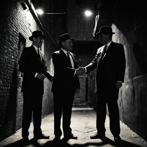 Prompt: Two, unknown men wearing black hats and black suits, shaking hands in a dark alley