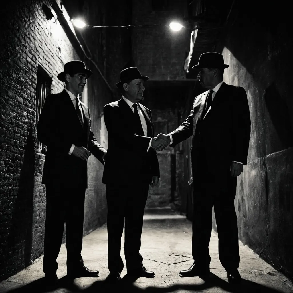 Prompt: Two, unknown men wearing black hats and black suits, shaking hands in a dark alley