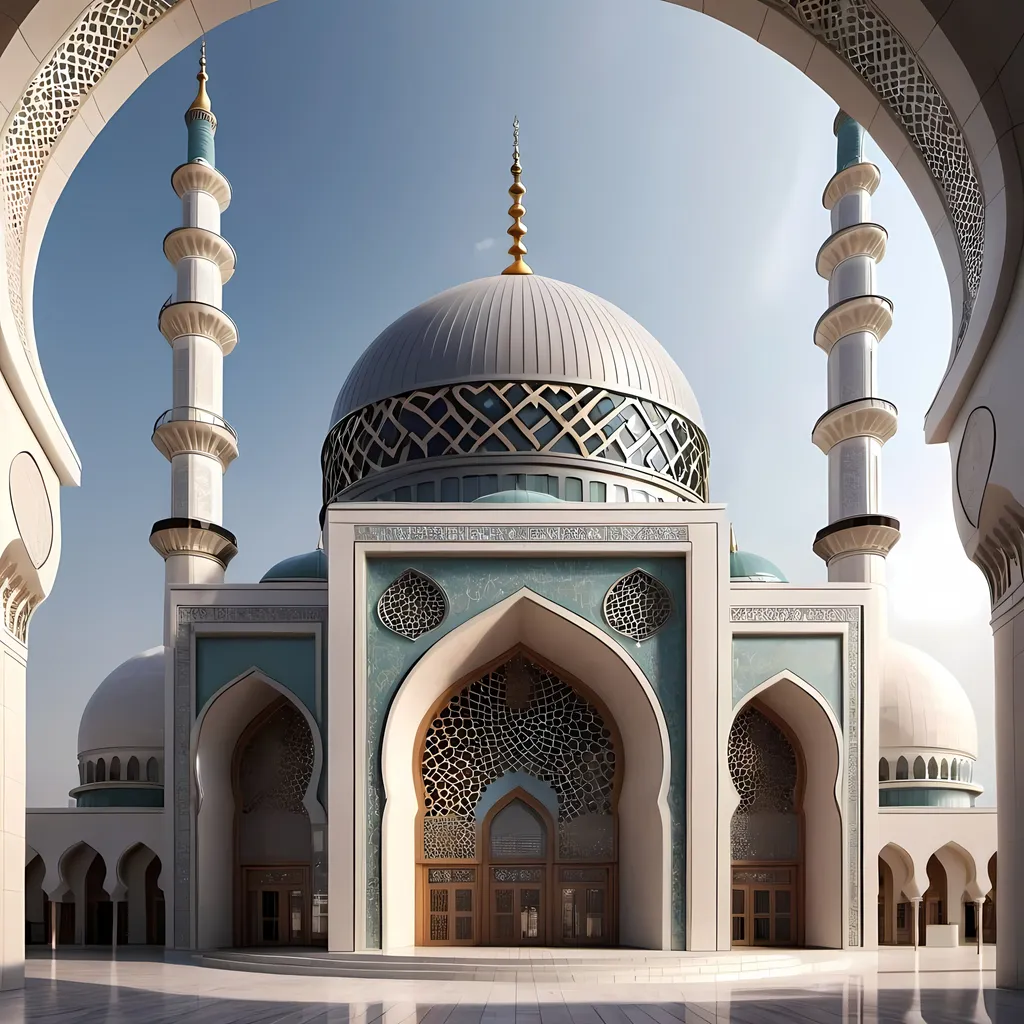 Prompt: an exterior facade of mosque inspired from books and innovation and development as it should be special design including curves and its acoustical design showing the dome and other important things and i need it as perspective view to be able to imagine the whole mosque