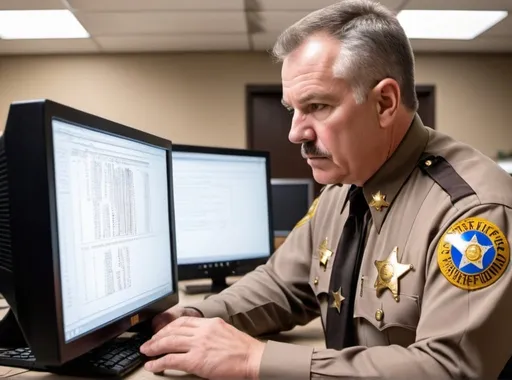 Prompt: A sheriff is looking at a computer with software code on the screen. The sheriff is examining the screen to find security issues