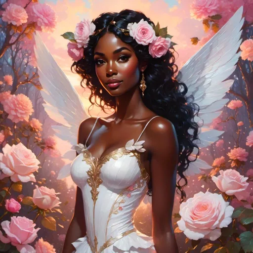 Prompt: <mymodel> close up portrait of a ethereal, soft round face, dark skinned woman. wearing an all white above the knee dress that falls off her shoulders. she has a pair of Cupid wings on her back. in her hands is a cupids bow. the background is a mix of white clouds and baby pink roses. 