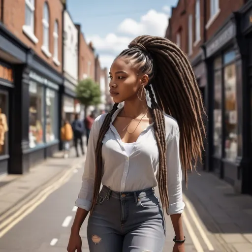 Prompt: Tall young black urban woman walking down the high street, detailed clothing, realistic, natural lighting with long afro braids