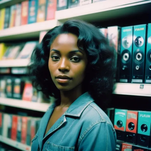 Prompt: Analog film portrait of a black beautiful woman in a VHS store, grainy vintage fujifilm, anaglyph effect, retro, vintage, nostalgic, ambient lighting, film photography, VHS, grainy, vintage fujifilm, anaglyph, retro style, old-school, nostalgic atmosphere, ambient lighting, vintage, professional quality