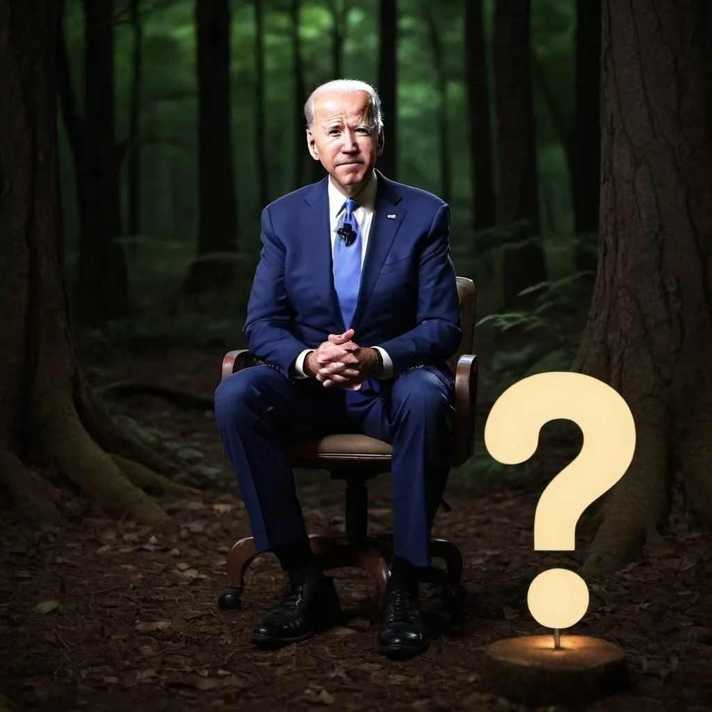 Prompt: Biden sits on a large question mark in a dark forest. 