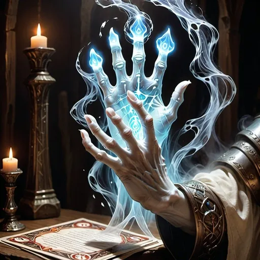 Prompt: Mage Hand D&D Spell Card. A Ghosts  hand that is see through that Interacts with objects.