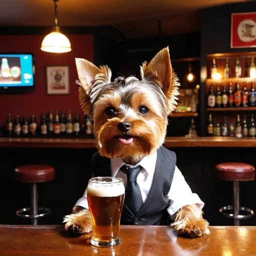 Prompt: Yorkie drinking beer and having a cigarette at a bar