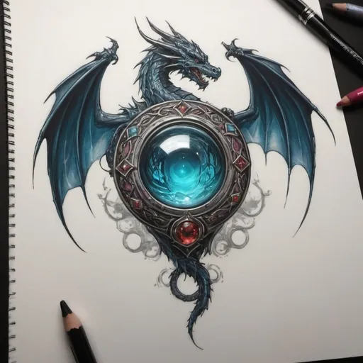Prompt: draw a coloured fantasy-style tattoo.
This tattoo will be placed on the upper back of a male young man
The drawing is a ring of dragon scales, and inside the ring there is the upper part of dragon, head torso and wings. Along the circumference of the ring, on the bottom part of the drawing, there are six empty orbs all of the same dimension, plus a larger one. In the future, the orbs will magically gain color  or drawings inside them according to what will happen to the charachter bearing this tattoo