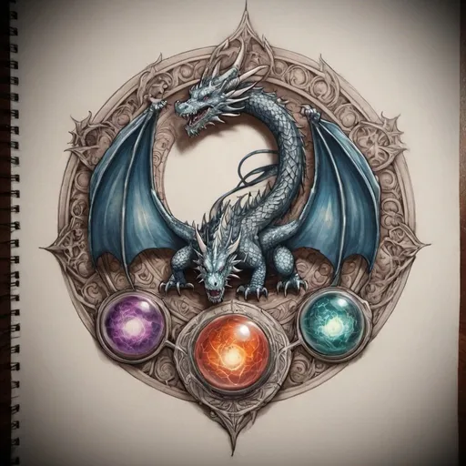 Prompt: draw a coloured fantasy-style tattoo.
This tattoo will be placed on the upper back of a male young man
The drawing is a ring of dragon scales, and inside the ring there is a dragon. Along the circumference of the ring, on the bottom part of the drawing, there are six empty orbs all of the same dimension, plus a larger one. In the future, the orbs will magically gain color  or drawings inside them according to what will happen to the charachter bearing this tattoo