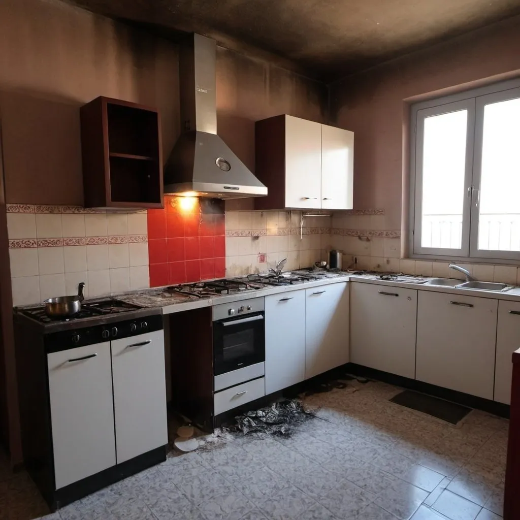 Prompt: Cucina di un appartamento con grandi segni di un incendio, già spento, che non ha carbonizzato la casa 

