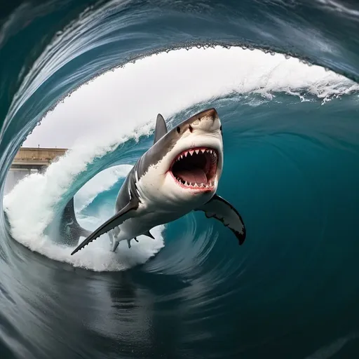 Prompt: a great white shark surfing  on a surfing board within a tunnel wave