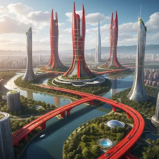 Prompt: a sustainable and futuristic city. a central tower is lighted in red and yellow, a wide river runs beneath it and bridges cross over it, slightly shorter residential skyscrapers surround the main tower and even shorter residential buildings built in a futuristic style are seen in the distance trees are strategically placed and a theme park is in the distance