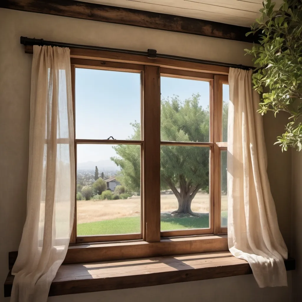 Prompt: Here's the translation into English: A rustic American country window with a beige American country-style short curtain. Outside the window, there is a Los Angeles local tree about 1.5 meters tall.View from inside the house
