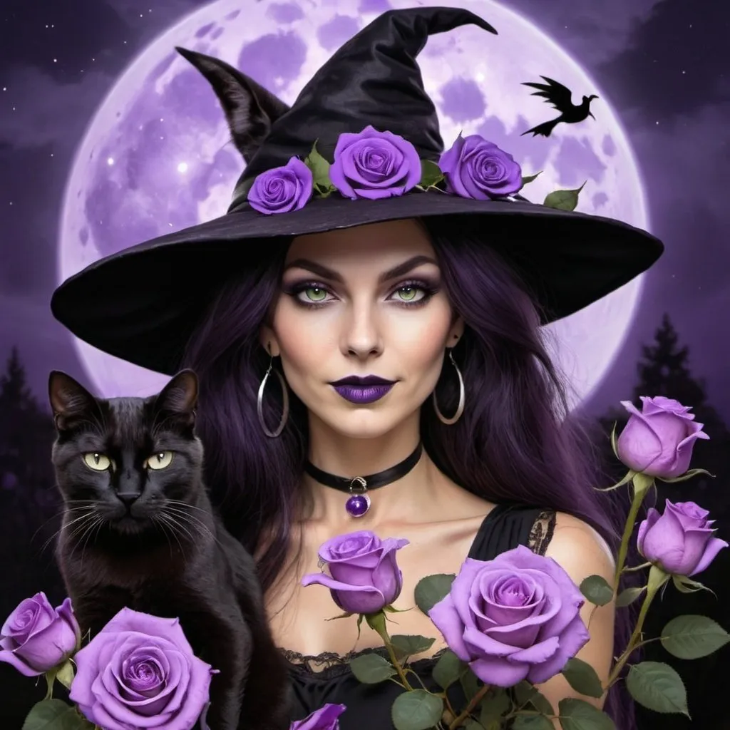 Prompt: witchy woman with cat and purple roses in front of a full moon