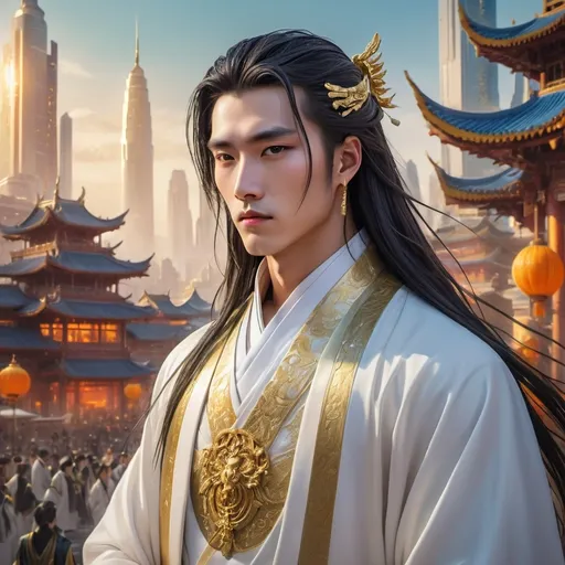 Prompt: Young emperor with a pure look, clad in opulent white robes, Guan, long hair, adored by his people, commanding presence, golden futuristic city in the background, fantasy style, regal aura, detailed facial features, majestic setting, vibrant colors, dramatic lighting, high quality, fantasy, regal, opulent, pure white, commanding presence, detailed facial features, majestic setting, vibrant colors, dramatic lighting