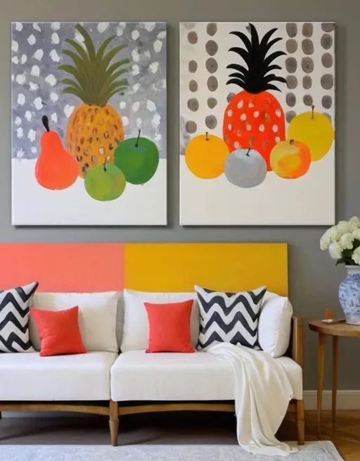 Prompt: Painting for living room impressionism style,not abstract, fruits, white, gray and coral are predominant colors, horizontally oriented