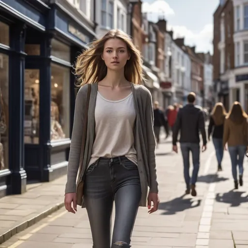 Prompt: Tall young woman walking down the high street, detailed clothing, realistic, natural lighting