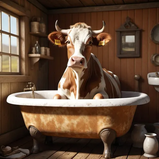 Prompt: Cow relaxing in a vintage claw foot tub, realistic 3D rendering, detailed fur with natural textures, high quality, whimsical, vintage style, warm earthy tones, soft natural lighting, detailed eyes, charming, rural setting, pastoral atmosphere