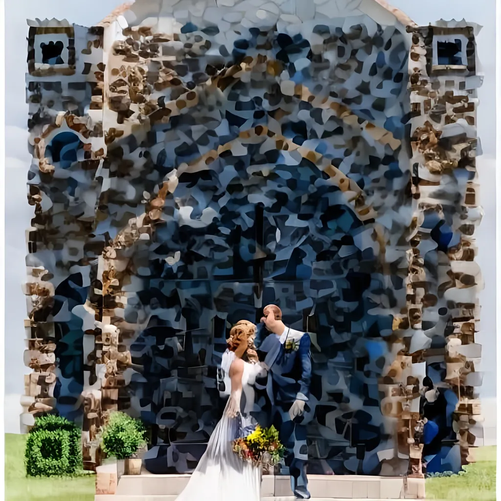 Prompt: bride and groom standing infront of the church.