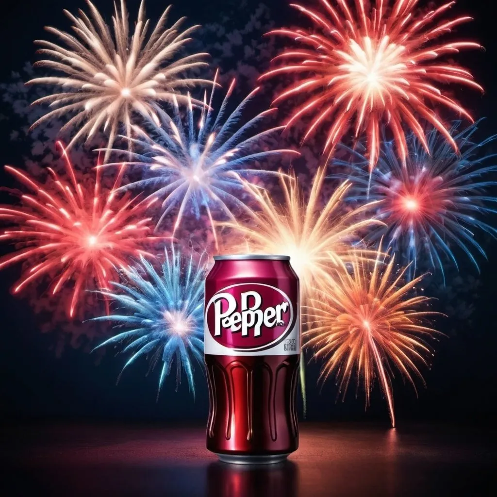 Prompt: create an original Fourth of July image of colorful fireworks that features Dr Pepper
