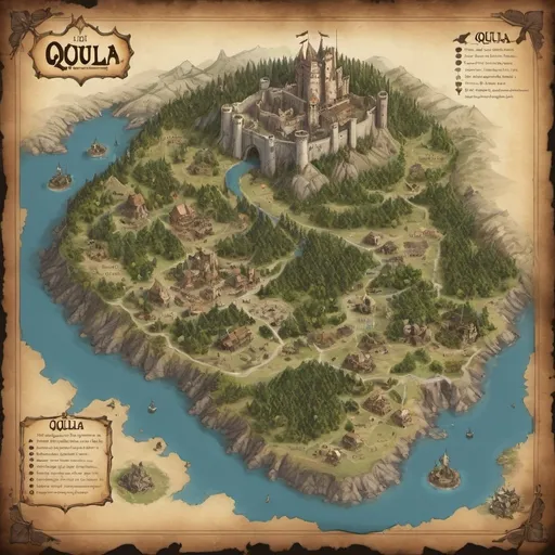 Prompt: a map of the mystical land of Qoula where there are bad goblins, a mystic forest, trading posts, castles, outposts, deserts, mountains and a training camp that is hidden in the trees.  Lots of trees and a dark crumbling corrupted area.  Also villages and towns with a big castle and a training outpost and a trading port