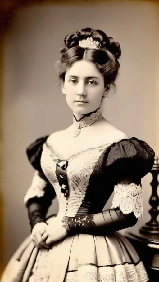 Prompt: A cabinet card, a type of photograph popular in the late 1800s, showcasing a woman in her finest attire of that era. She wears a voluminous, floor-length gown with layers of lace and intricate embroidery, indicative of Victorian fashion. Her hair is styled in updo of elaborate curls. The woman's expression is serene yet regal, her gaze directed slightly off-camera with a hint of a smile, embodying the poise and grace expected of a lady of the time. The background of the cabinet card might feature a simple yet elegant setting, of a draped curtain, emphasizing the woman as the focal point of the photograph.