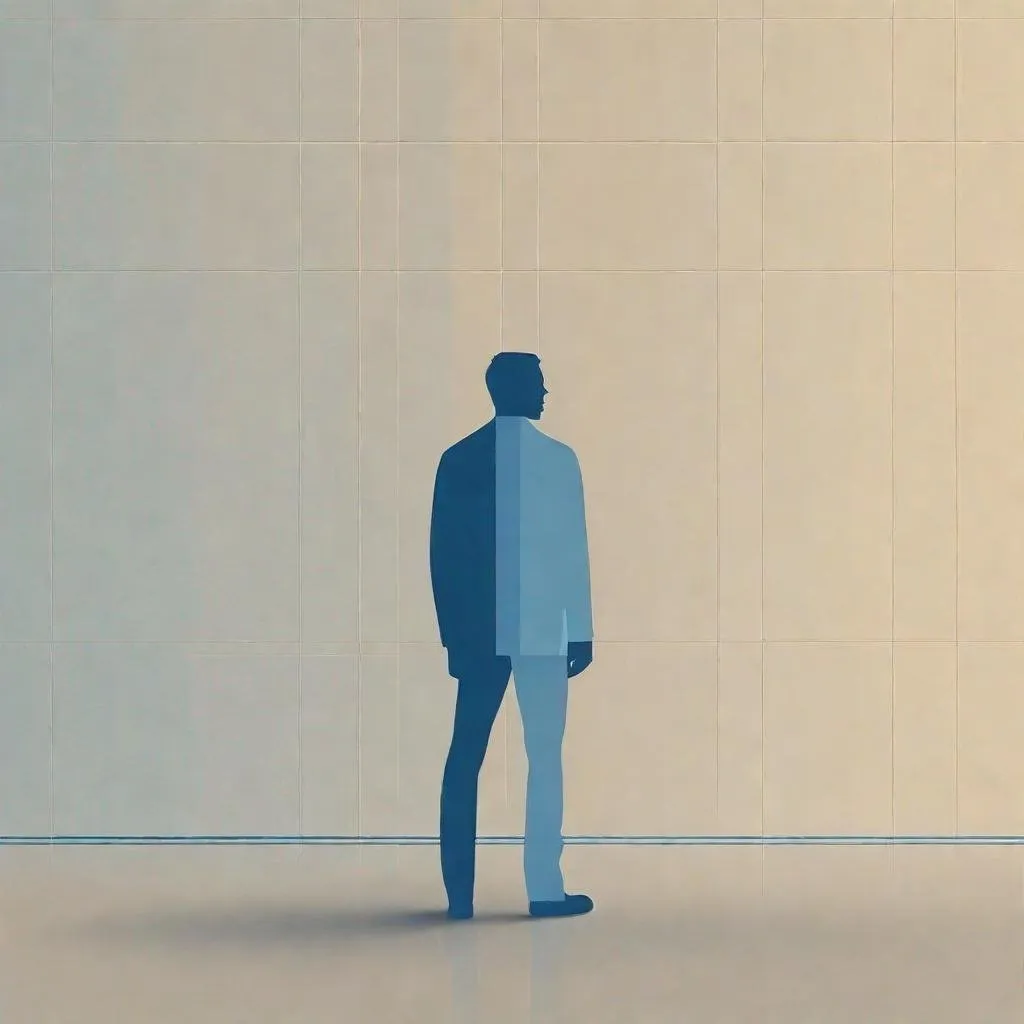 Prompt: Minimalist man standing gradient background, beige walls blue square, silhouette,straight lines, flat