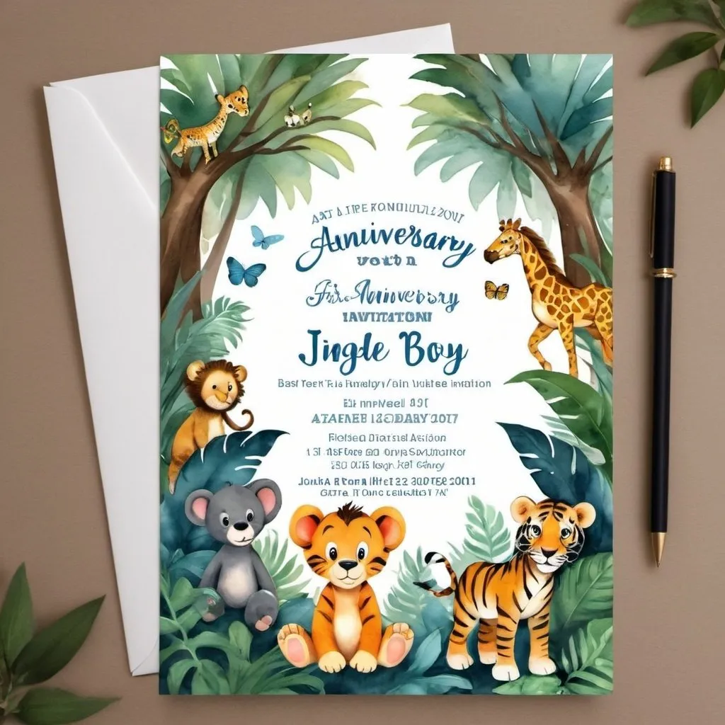 Prompt: First anniversary invitation for a baby boy. The theme should be jungle and should also have a place to put the baby's photo.
The art of the animals should be like it was painted in watercolor