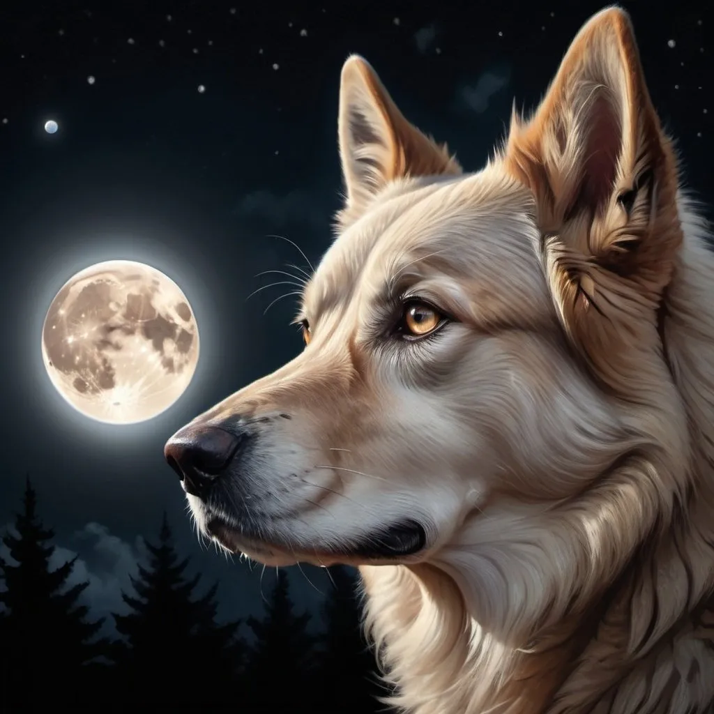 Prompt: Detailed, realistic illustration of a majestic dog gazing at the glowing moon, dark night sky, detailed fur with moonlight reflections, intense and focused gaze, realistic digital painting, dark and moody atmosphere, best quality, highres, ultra-detailed, realistic, moonlit, detailed eyes, professional, atmospheric lighting