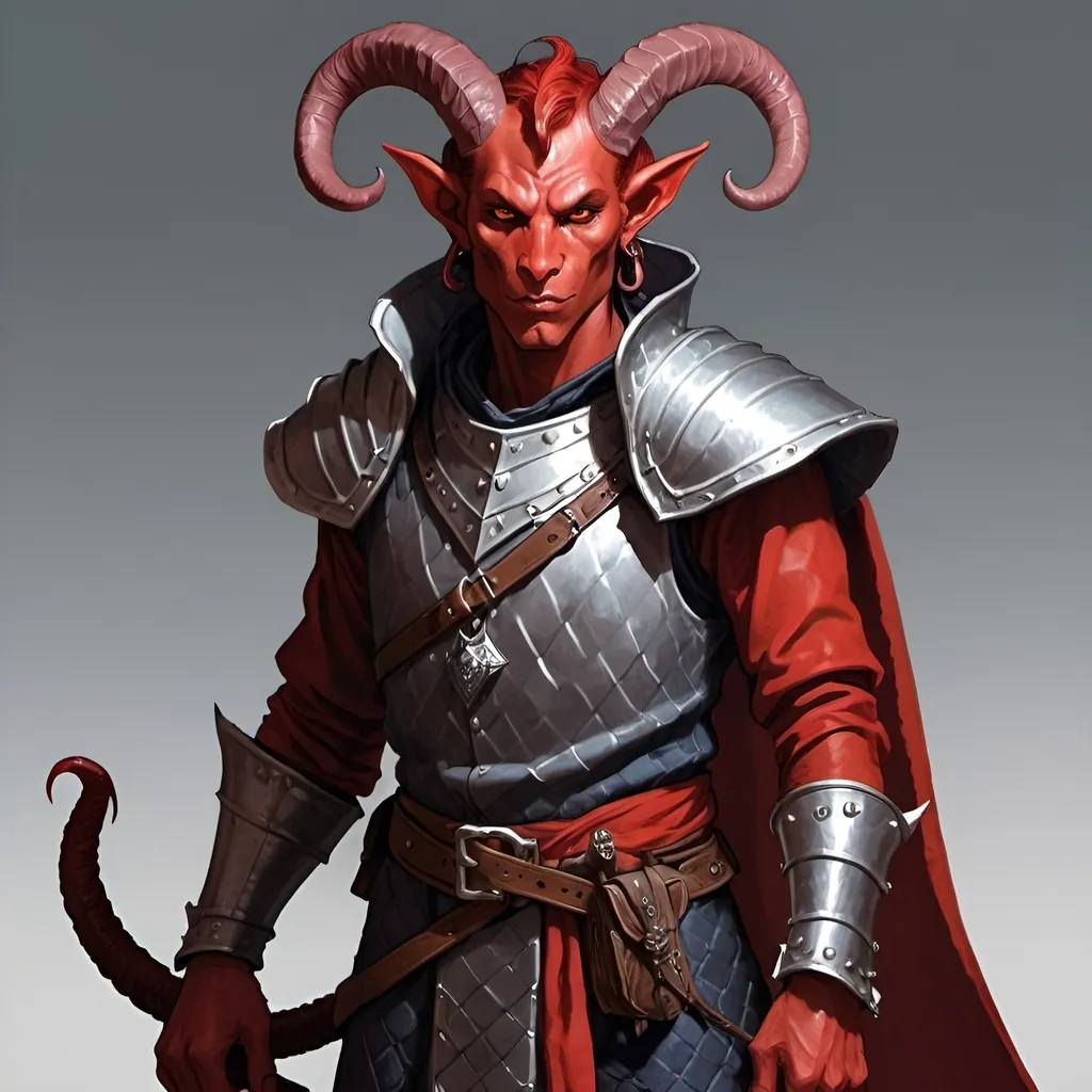 Prompt: dnd red male tiefling wearing scale mail