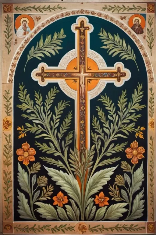 Prompt: A painting in the style of Orthodox church art, with naturalistic designs reminiscent of Mediterranean plants