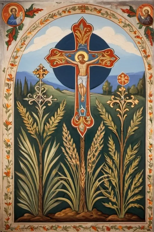 Prompt: A painting in the style of Orthodox church art, with naturalistic designs reminiscent of Mediterranean plants