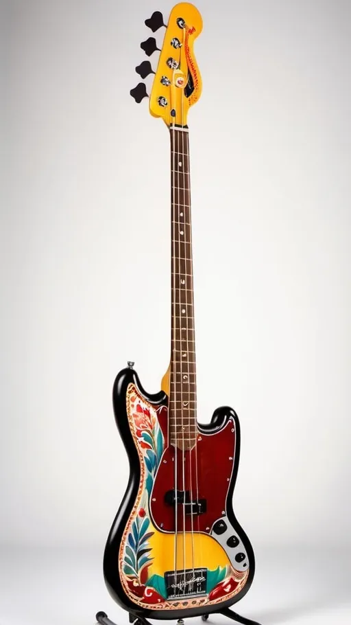 Prompt: A Fender Mustang-style electric bass guitar that was painted like Eastern-European folk art