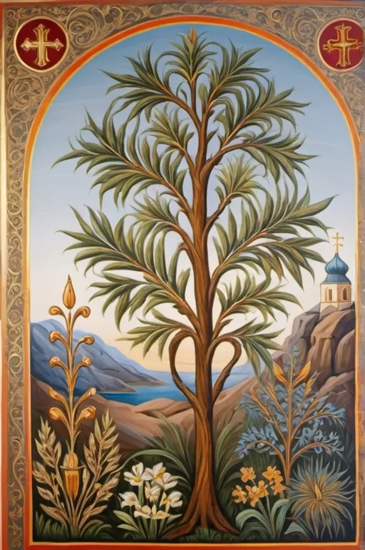 Prompt: A painting in the style of Orthodox church art, with naturalistic designs reminiscent of Mediterranean plants